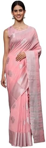 Leeza Store Women's Light Pink Tissue Silk Silver Zari Floral Motifs Saree With Blouse Piece