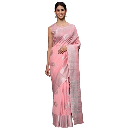 leeza store Women's Linen Tissue Silk Silver Zari Floral Motifs Jacquard Banarasi Saree With Blouse Piece