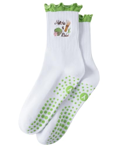 Image of Yawlsow Cute Pilates Grip Socks for Women Ruffle Frilly Yoga Socks Non Slip Cotton Crew Grippy Sock for Barre Workout