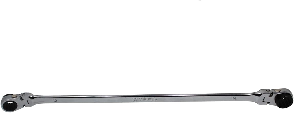 K Tool International XDDB12X14 Extra Long Reversible Ratcheting Wrench with Flexible Design Rotating Heads Spline Plus Gear Mechanism Tight Space Performance Raised Box End Access