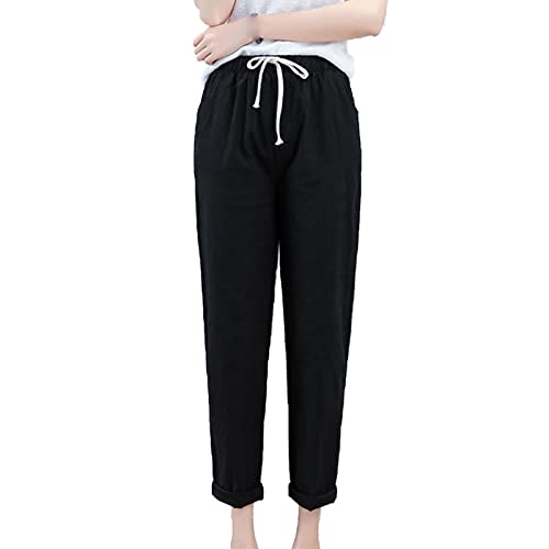 Maiyifu-GJ Women's Linen Drawstring Cropped Pants Summer Soft Casual Elastic Waist Trousers Tapered Cropped Pant with Pockets (Black,Large)