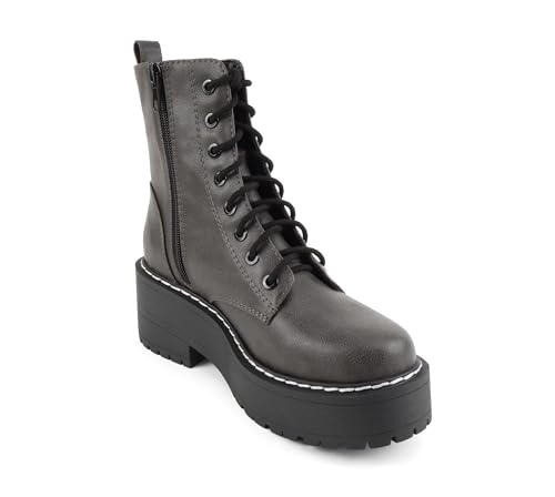 Image of Soda FLING Women Chunky Lug Sole Lace up Fashion Combat Ankle Boot w /Side Zipper