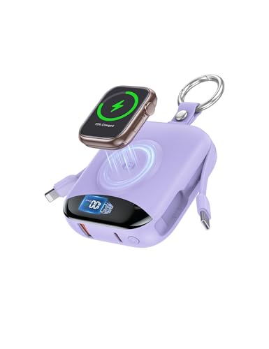 citicr Portable Charger 10000mAh 22.5W Fast Charging Power Bank with Built-in Cables Travel Battery Pack with LED Display for iPhone Portable iWatch Charger for 11/10/9/8/7/6/5/SE/Ultra Purple