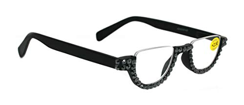 The Half Moon, Crystal Bling Reading Glasses Women Adorned with Genuine European Crystals Black. NY Fifth Avenue.