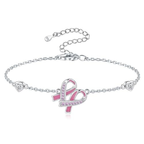 Sterling Silver Breast Cancer Awareness Bracelet Pink Ribbon Bracelet for Women Jewelry Strength Gifts for Cancer Survivors