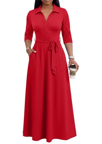 MarryUP Church Dress for Women V Neck 3/4 Sleeve Maxi Causal Work Semi Formal Dresses with Pockets Red 2XL