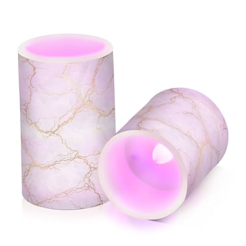 Image of Flickering Flameless Candles, Marble Gray White Golden Texture LED Candles with Remote Timer, Set of 2 Battery Operated Candle for Valentine Wedding Birthday