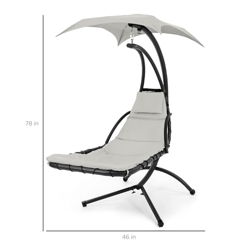 Best Choice Products Outdoor Hanging Curved Steel Chaise Lounge Chair Swing w/Built-in Pillow and Removable Canopy - White Sand