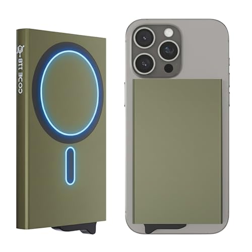 Image of CODE 118 Wallet for Men - Slim Minimalist Aluminum Magnetic Card Holder - RFID Blocking Front Pocket Mag Safe Wallet with Strong Magnet Attachment (Military Green)