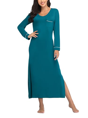 EA'S SECRET Nightgowns for Women Long Sleeve V Neck Nightshirts Soft Knit Sleepwear Full Length Loungewear with Pocket
