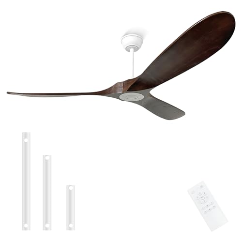 Image of 60 inch Ceiling Fan without Light,3 Solid Wood Blades Dark Walnut Finished,Outdoor Ceiling Fan for Living Room,Patio,Porch(White+Dark Walnut)