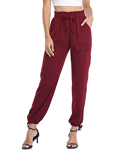 andy & natalie Women\'s Elastic Waist Cargo Drawstring Pants Paper Bag Pockets Ankle Tie Jogger Sweatpants Trouser Wine Red