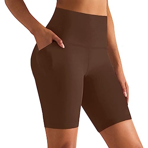 GROTEEN High Waisted Biker Shorts with Pockets for Women Yoga Workout Tummy Control Gym Running Shorts Leggings (Large-X-Large Coffee)