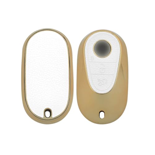 Image of Keyzone Litchi Leather Textured TPU Key Cover & Keychain for S-Class, G-Class, E-Class 2022 Onwards, 3 Button Smart Key (White)