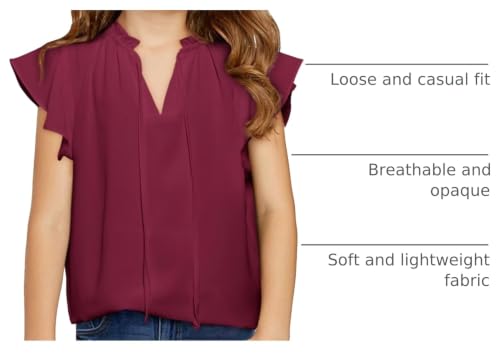 Image of DOKOTOO KIDS Girls Short Sleeve Blouse Dress Shirt Top Size 7-15 Years Old | None Elastic Fabric, Ruffle V Neck, Pull on, Solid Collared Formal, Flowy Casual Flutter Spring Summer Western Top