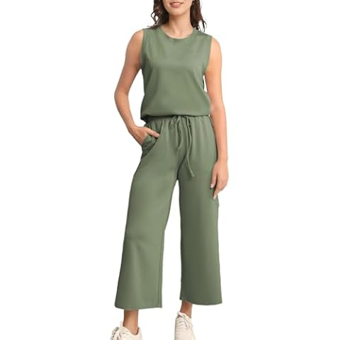 SeeLuNa Womens 2 Piece Outfits Sleeveless Tunic Tank Top Drawstring High Waist Wide Leg Pants Lounge Sets for Women Tracksuit(Army-Green,S) Cover