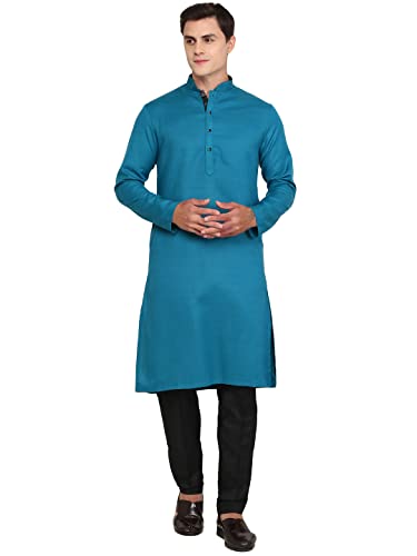 Image of Men's Silk Blend Peacock Blue Solid Kurta | Easy to Wear Ethnic Designer Kurta for Any Occasion