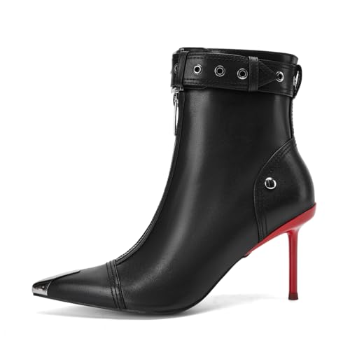 Women's Fashion Metal Pointed Toe Heel Boots Sexy Zip Ankle Stilettos Booties with Strap Buckle Party Dress High Heels for Women