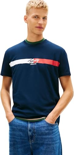 Tommy Jeans T-Shirt da Uomo Tjm Reg Signature Stripe T Ext DM0DM22539 S/S, Blu (Dark Night Navy), XL