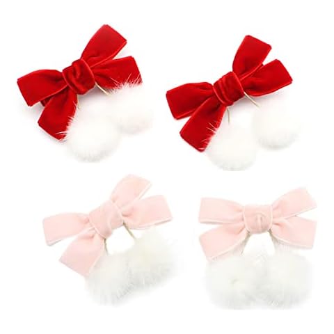 4 Pieces Christmas Red Baby Girls Chinese Style Hairy Furry Balls Velvet Bows Tassels Hair Clips Hair Bows Alligator Clips for Girls Infants Toddlers Cover