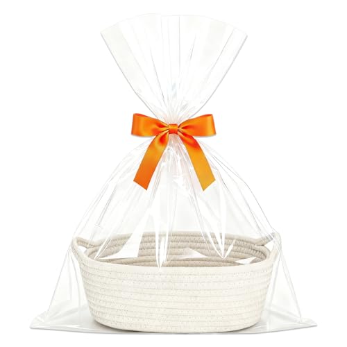Cesta de presente vazia grande, cesta trançada para presentes, com sacos de presente e fitas, com asas, para aniversário, casamento, Páscoa, Ação de Graças, Natal, artesanato, 29 x 20 x 12 cm (branco)