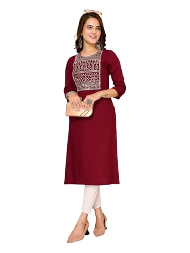 Image of rangita Maroon Rayon Calf Length Embroidered Straight Kurti for Women | Kurta for Women