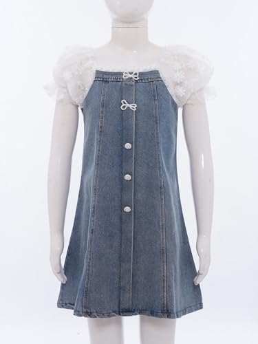 YiZYiF Kids Girls Summer Denim Dress Square Neck Lace School Outfits Pearl Decorated Casual Playwear2