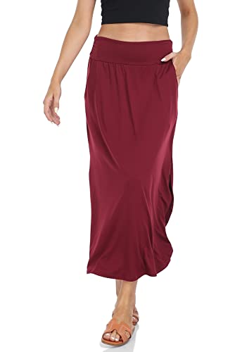 Carpetcom Women's Casual Solid Basic Below Knee Stretchy Pencil Skirt High Waist Split Maxi Wrap Skirt With Pockets Wine Red #TOP1