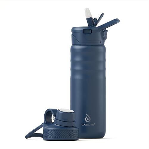Image of IDEUS Vacuum Insulated Water Bottle 710ml /24oz, Leak-Proof Stainless Steel Water Bottle, Double Wall Flask, Metal Sports Canteen with 2 Lids