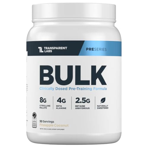 Transparent Labs Bulk Pre Workout Powder - Naturally Sweetened Preworkout for Men & Women Pre Work Out for Muscle Building & Strength w/Beta Alanine & BetaPure - 30 Servings Pineapple Coconut