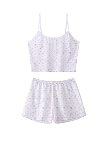 Image of Hilinker Womens Graphic 2 Piece Pajama Set Summer Cute Crop Cami and Shorts Ribbed Lounge Sets