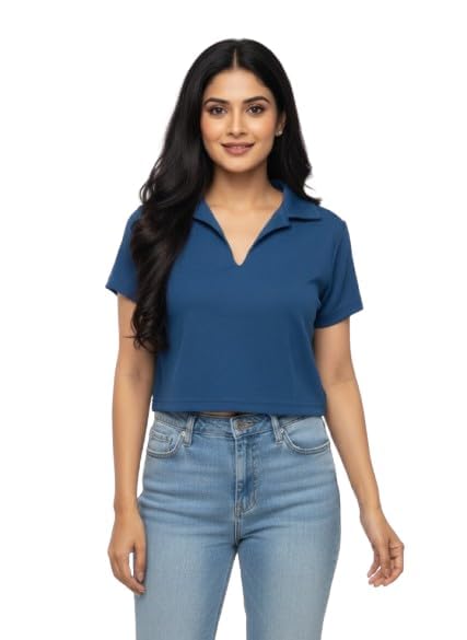 Women's Polo T-Shirt, Blue, Short Sleeve, Collared Neck, Casual Top-picture-16
