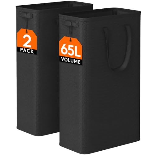 Lifewit 2 Pack Slim Laundry Hamper, Collapsible Narrow Laundry Basket, Small Tall Dirty Clothes Hampers with Handles for Bathroom Bedroom College Dorm, Black, 65L