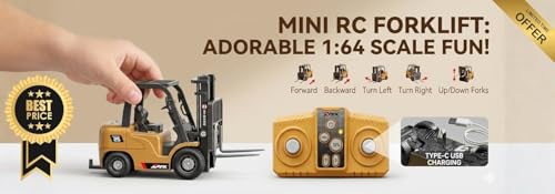 Image of 1:64 Scale Mini RC Forklift Toy with Remote Control - Rechargeable Electric Forklift with Lifting Forks | Forward Backward Left Right Up Down Functions for Kids 3+ Years (Yellow)