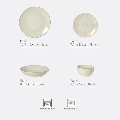Image of Gibson Home Stonebury 16 Piece Plates and Bowls Cream Grey Dishes - Handpainted Stoneware Dinnerware Set - Service for 4