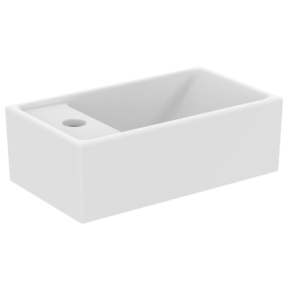 Ideal Standard I.LIFE TEMPO, Lave-mains pour Salle de bain ou Toilettes, 37 x 21 x 11 cm, Fixation Mur ou Meuble Ilife, Céramique, Percé à Gauche, Trop-Plein, Blanc, E211201
