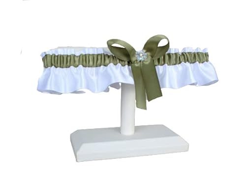 ''HANDMADE'' Moss green and white satin garter for wedding or prom Keepsake or toss garter