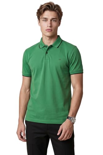 Image of Peter England Men's Snug Fit Solid Polo T-Shirt with Coloured Collar Tipping| Cotton Rich| Premium Pique Weave