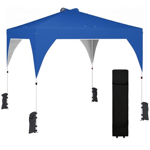 Outsunny Carpa Plegable 3x3 m, Pop-up, Cenador Pabellón de Jardín con Ventilación Superior, Bloqueo Central, UPF50+, Altura Ajustable 3 Niveles, Bolsa Transporte con Ruedas, Sacos de Arena, Azul