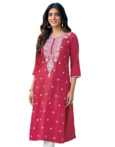 Image of SIRIL Women's Cotton Blend Straight Fit Straight Chikankari Embroidery Kurta