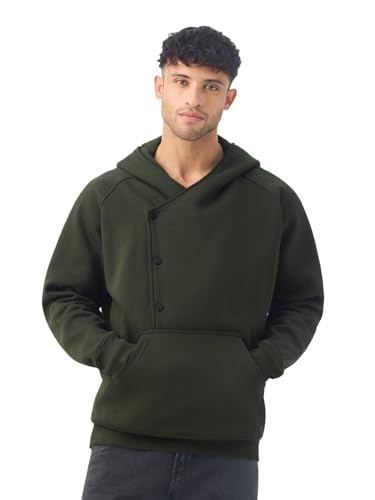 Image of The Souled Store Oversized Hoodie: Cypress Men and Boys Full Sleeves Hooded Neck Solid Cotton Blend Asymmetric Pullover Oversized Hoodies