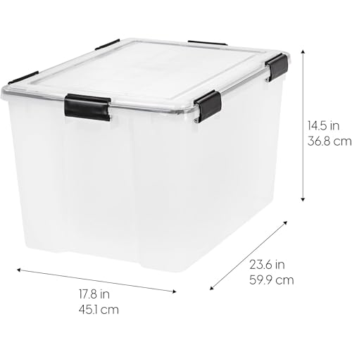 Image of IRIS USA WeatherPro 74 Qt Storage Bins with Lids, 4 Pack, BPA-Free Plastic Gasket Box with Tight Latch and Seal, Stackable Nestable Tote Tub - Clear /Black
