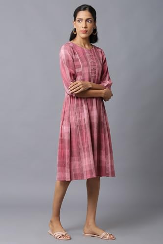 Image of W for Woman Women's Cotton Dark Pink Ikkat Smoking Dress in Round Neck Below The Knee