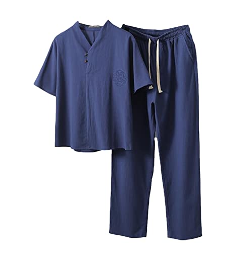 Ensemble Tai Chi en coton et lin pour homme - T-shirt léger à boutons, haut baggy grand-père, deux pièces chinoises traditionnelles, costume d'arts martiaux, chemises et pantalons, bleu 1, 6XL Cover