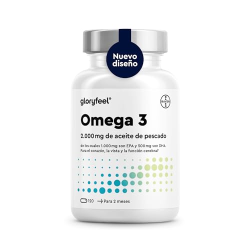 Omega 3 Cápsulas 2000mg   Alta potencia 1000mg EPA + 500mg DHA   Triglicéridos reesterificados   Aceite de pescado de alta biodisponibilidad   Soporte para el colesterol, cerebro y corazón*
