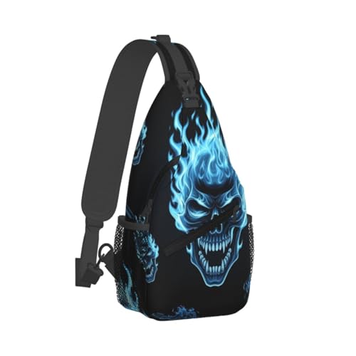 Foldable Sling Shoulder Backpack for Men, Breathable Crossbody Bag for Outdoor Travel Hiking, Fire Flaming Blue Cool Skull Daypack Bags2