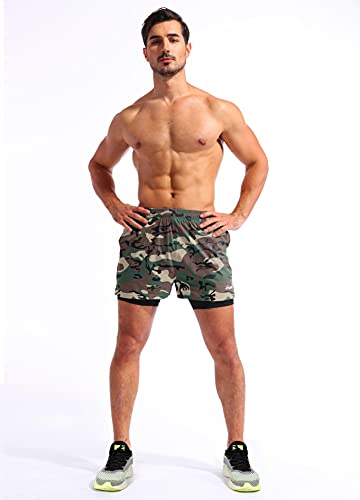 Image of Pudolla Men's 2 in 1 Running Shorts 5 inch Quick Dry Gym Athletic Workout Shorts for Men with Phone Pockets