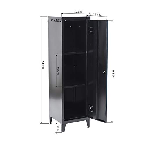54\" Black Metal Locker Storage Cabinet 3 Shelves Office File Organizer with Lock Black - Thumbnail 4