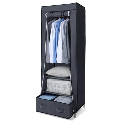 BOODEQP Portable Wardrobe Single Canvas Wardrobe Clothes Storage Organizer with 2 Drawers and Hanging Rail Foldable Closet for Clothes, Bags, Toys, Shoes, Living Room, Bedroom 160 x 59 x 43cm Grey Cover