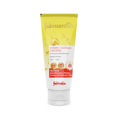 Fabessentials Vitamin E Calendula Sunscreen SPF 45 PA++++ 100gm | Broad Spectrum UVA/UVB | Blue light protect | No White Cast | Water resistant, Ultra light & Non sticky | Oily, Dry & Sensitive Skin